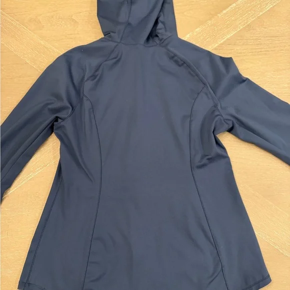 Women's Navy Blue Hooded Jacket with Thumbholes Fitted Silhouette  Athleisure - Picture 8 of 10